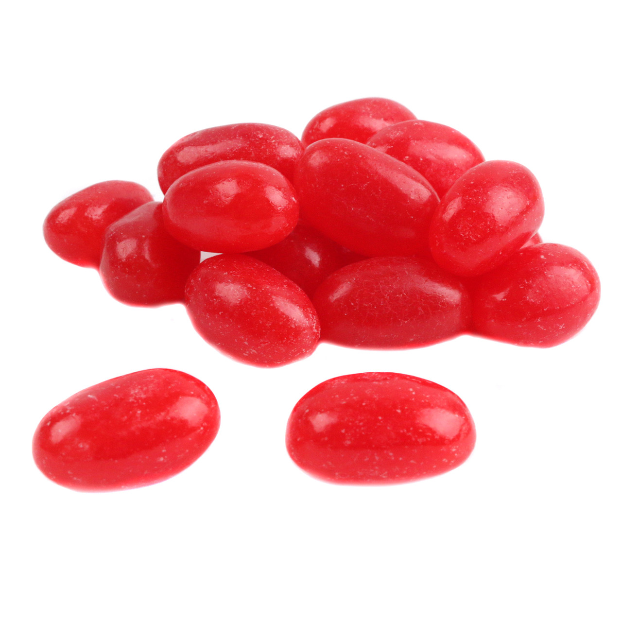 Vibrant red, spicy jumbo cinnamon jelly beans, approx. 80 large pieces per pound.