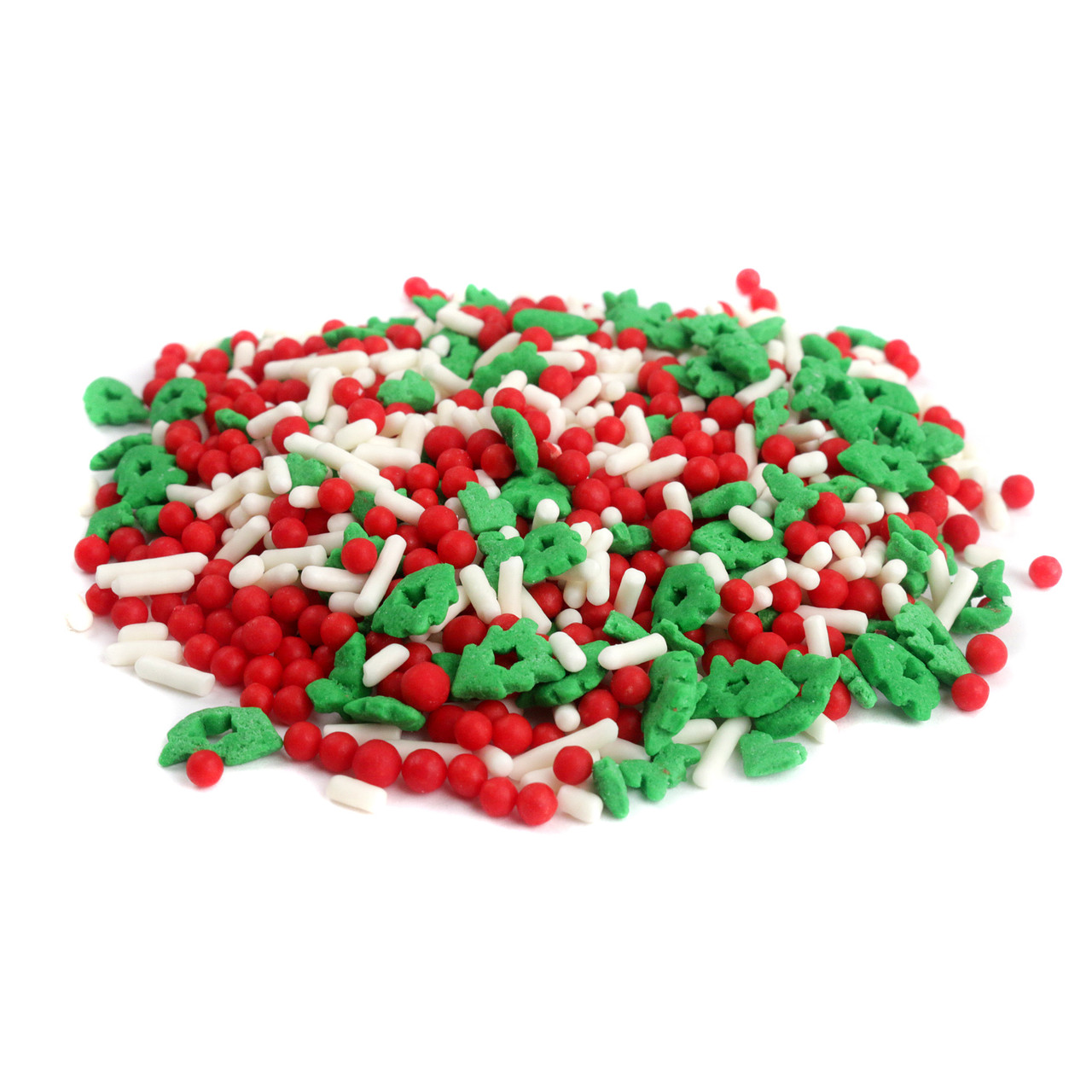 Christmas Tree Sprinkle Mix with green tree cutouts, soft white sprinkles, and striking red nonpareils for holiday baking.