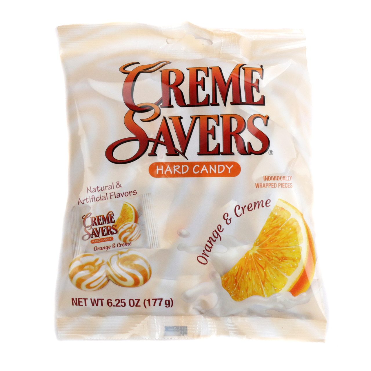 Creme Savers Orange Creme hard candy, 6.25oz bag, approx 42 individually wrapped orange and cream swirl pieces.