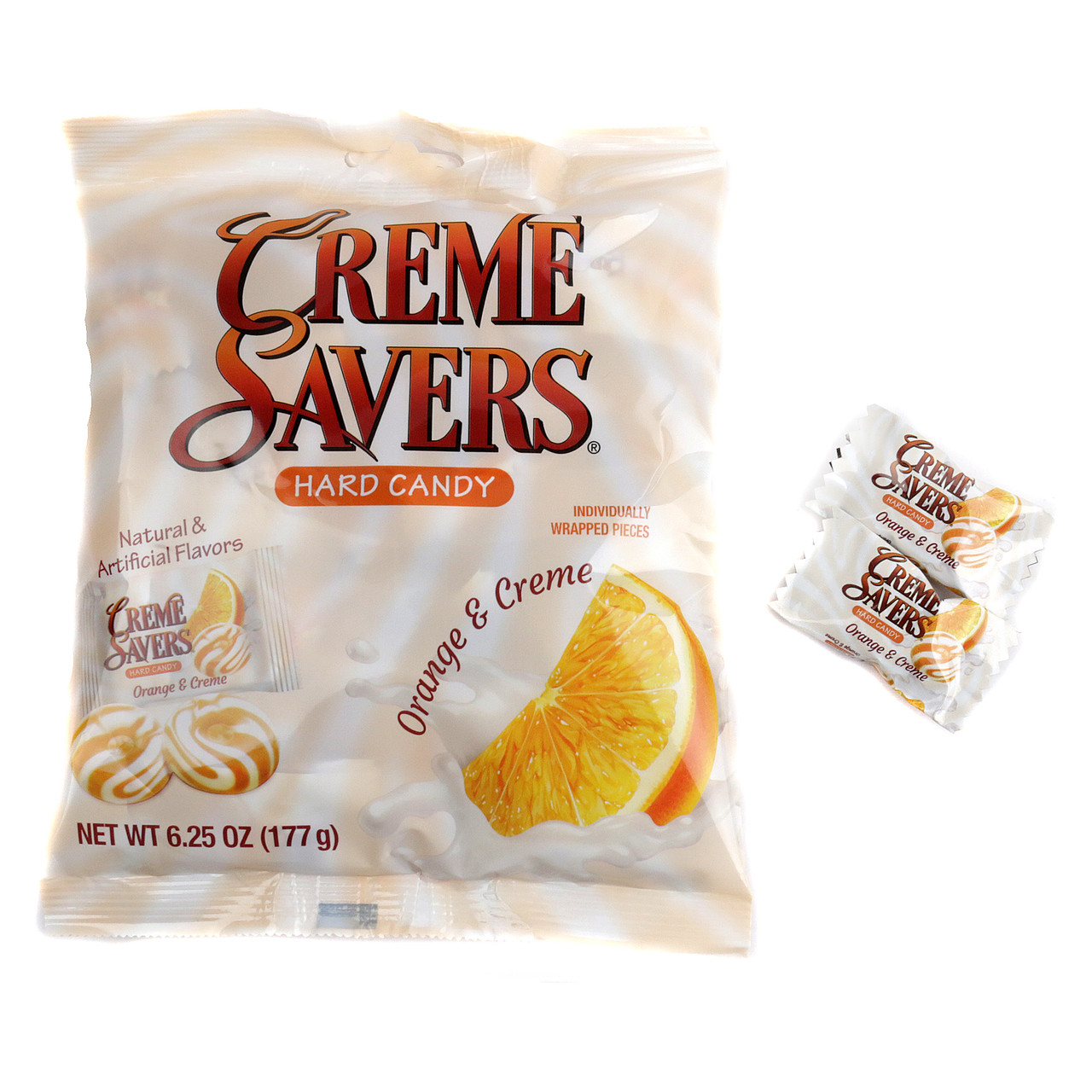 Creme Savers Orange Creme hard candy, approx 42 individually wrapped orange and cream swirled pieces, 6.25oz bag.