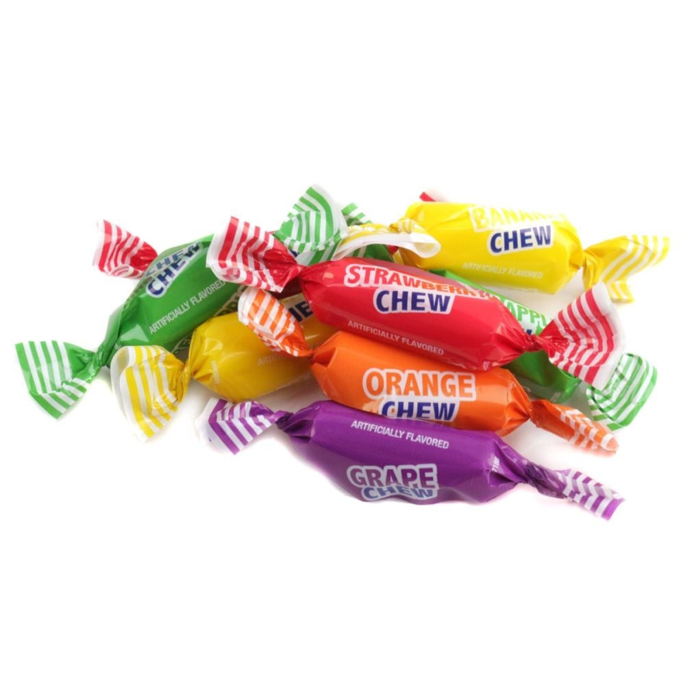 Vibrant Colombina Fruity Chews, 105 pieces per pound. Assorted green, orange, yellow, purple, red chewy candy.
