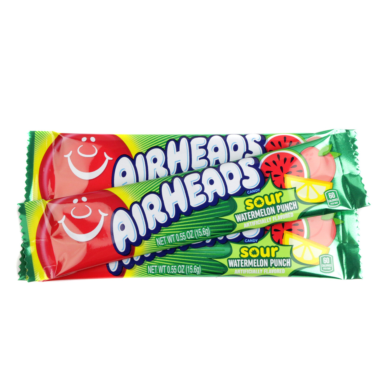 Airheads Sour Watermelon Punch, 36 vibrant green chewy taffy pieces. Tart, sweet watermelon flavor.