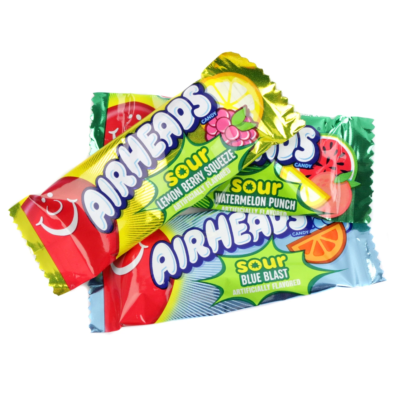 Assorted colorful Airheads Sour Mini Bars, bulk wrapped, approx 36 per lb. Blue Blast, Lemon Berry, Watermelon flavors.