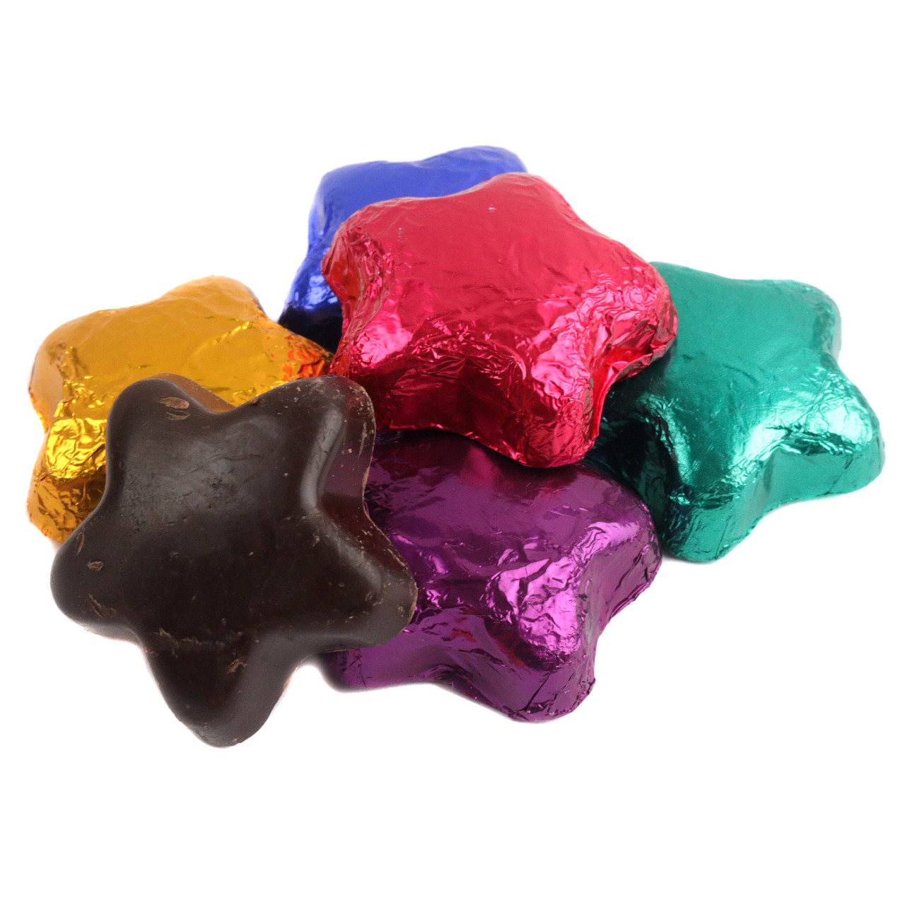 Madelaine Dark Chocolate Assorted Stars, approx 45 per lb, in assorted colored sparkling foils. Made in USA.