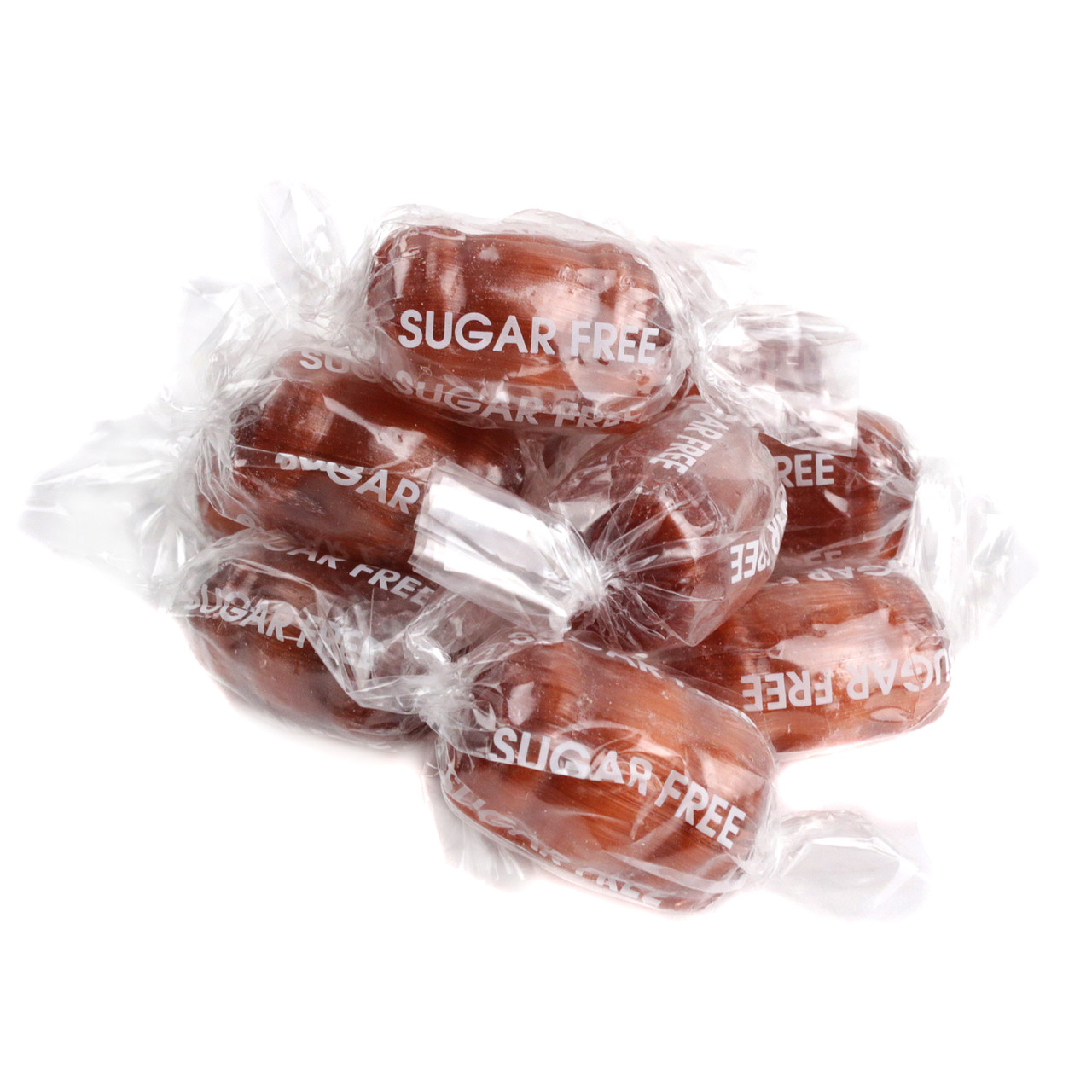 Sugar Free Root Beer Barrels, brown barrel shaped hard candy, approximately 60 pieces per pound, clear wrappers.