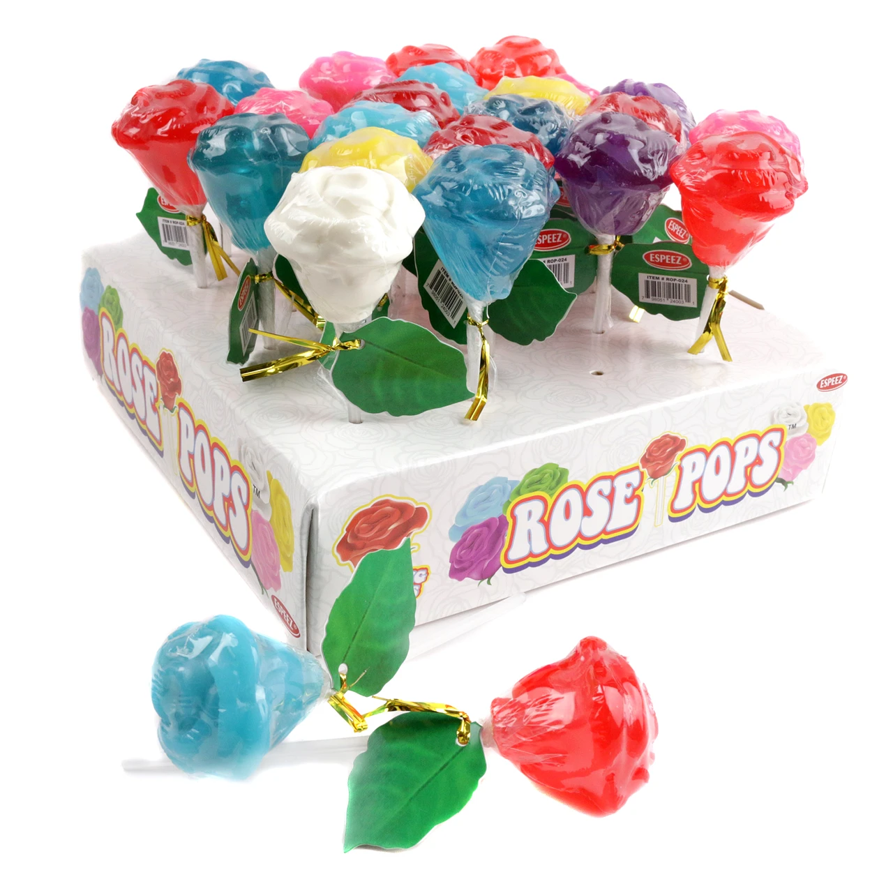 24 Espeez assorted rose lollipops, vibrant bold colors, unique rose shape, fruit flavors, party favors.