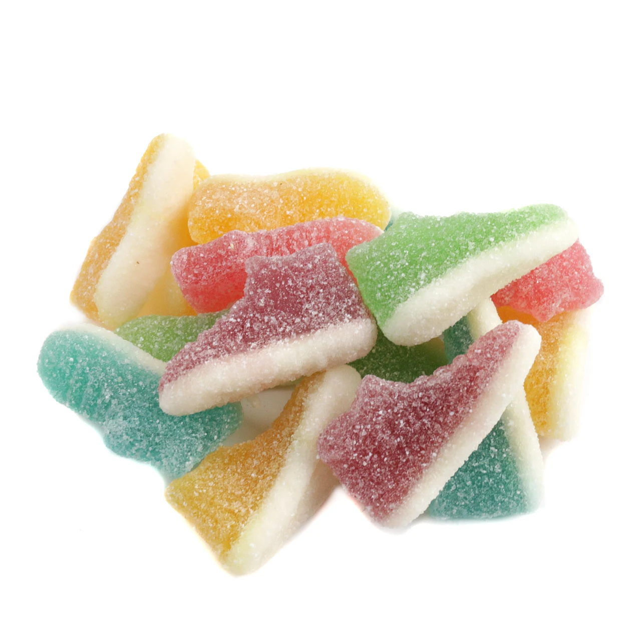 Sour Gummy Sneakers, 60 colorful high-top candies with white marshmallow bottoms, assorted fruit flavors.