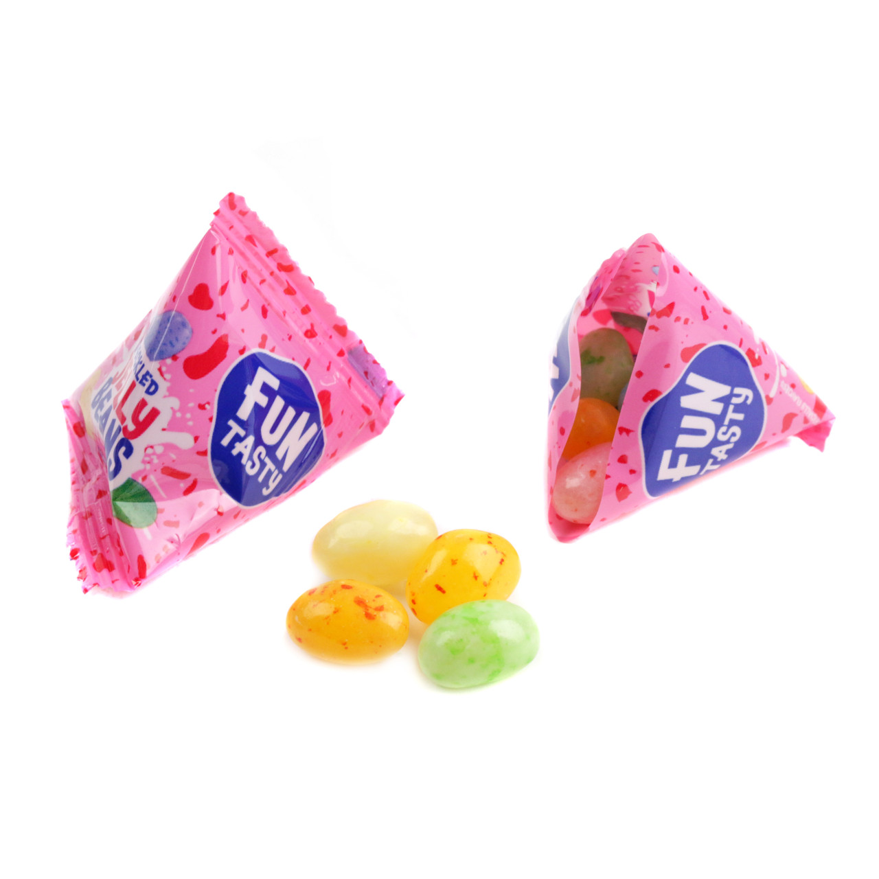 Colorful, speckled jelly beans in vibrant pyramid bags. Assorted fruit flavors, approximately 80 small bags ideal for parties.