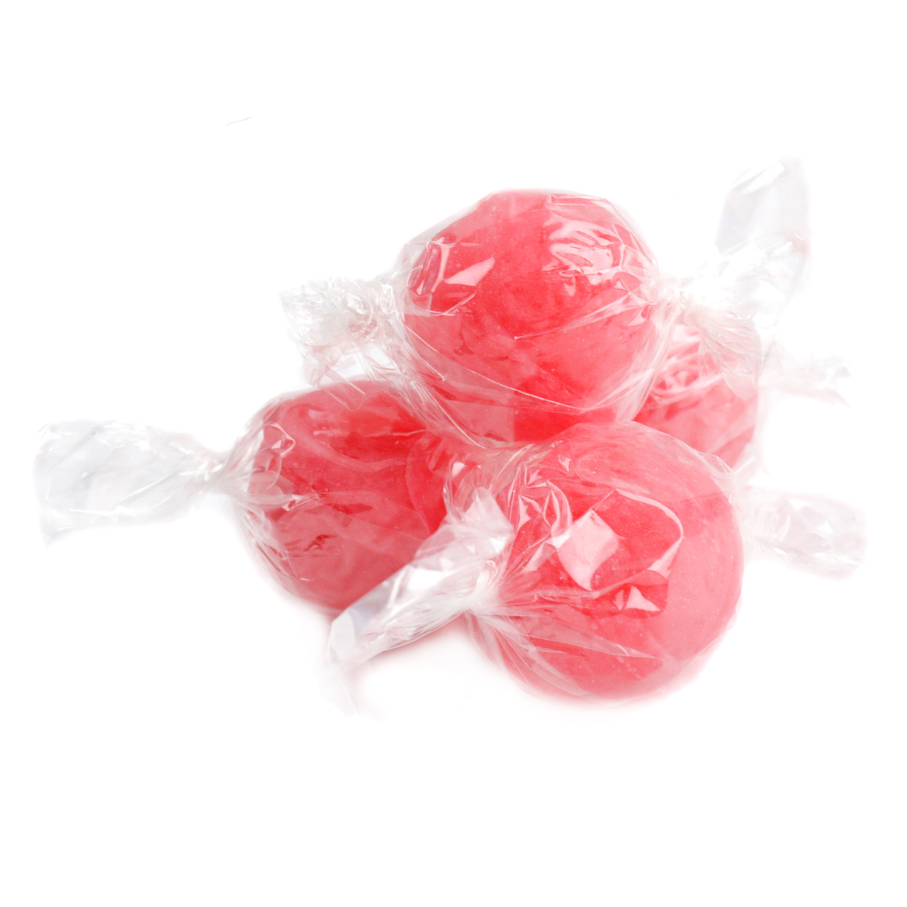 Vibrant red jumbo cherry gum filled hard candy balls, individually wrapped, with a hard shell and chewy gum center.