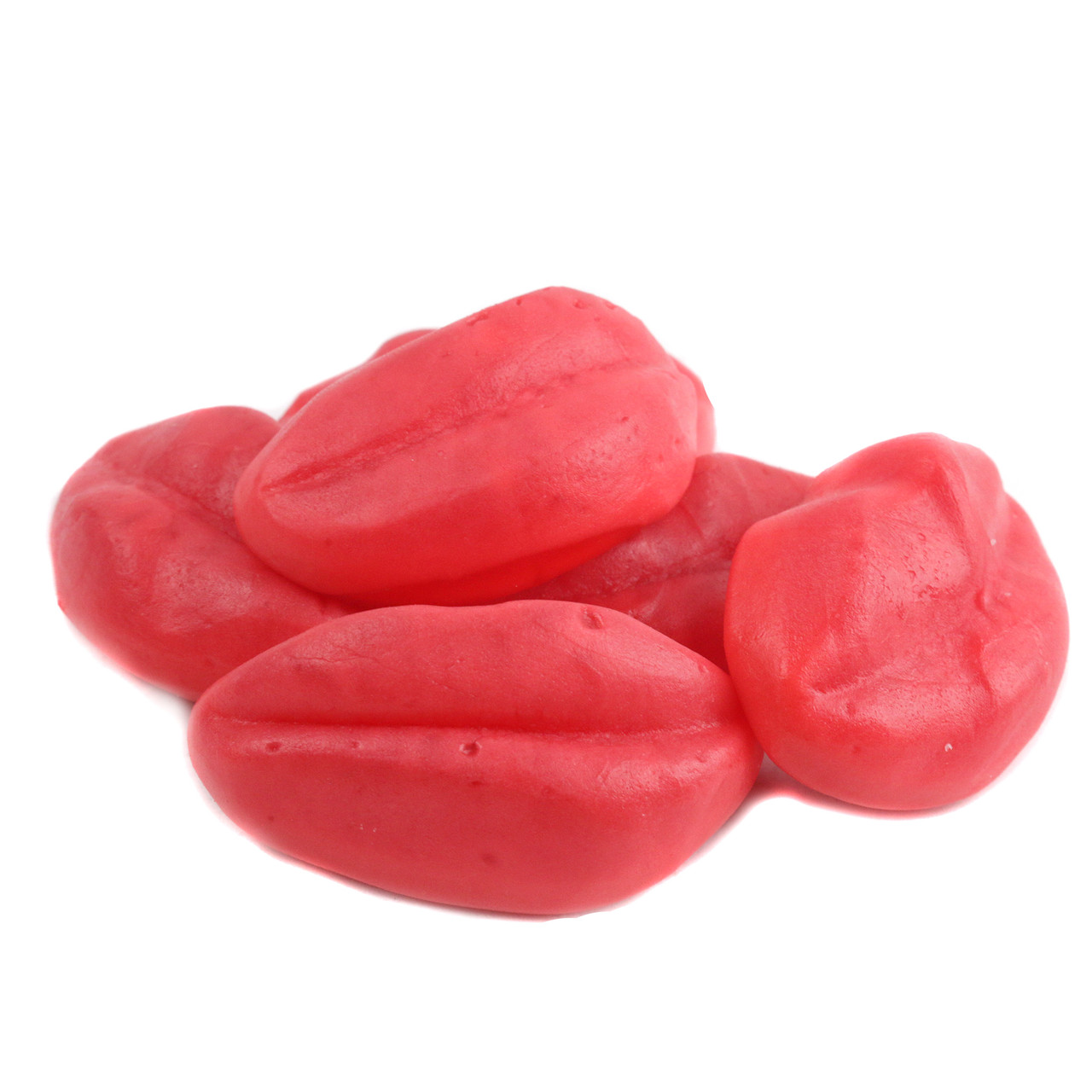 Vibrant red gummy lips, strawberry-filled Valentine's Day candy. Approximately 35 pieces per pound.