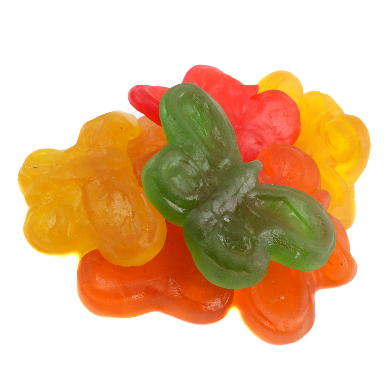 Bright, vibrant, extra large gummy butterflies with 2.5 inch wingspans, in red, pink, green, yellow, and orange.