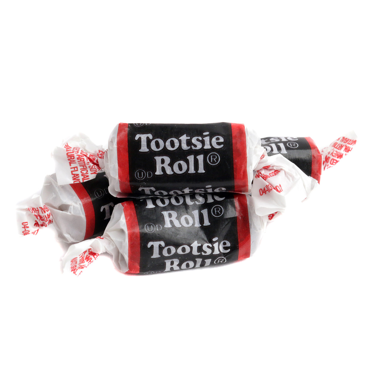 Bite-sized dark chocolate Tootsie Roll Midgees, approx. 65 chewy pieces per pound, individually wrapped.