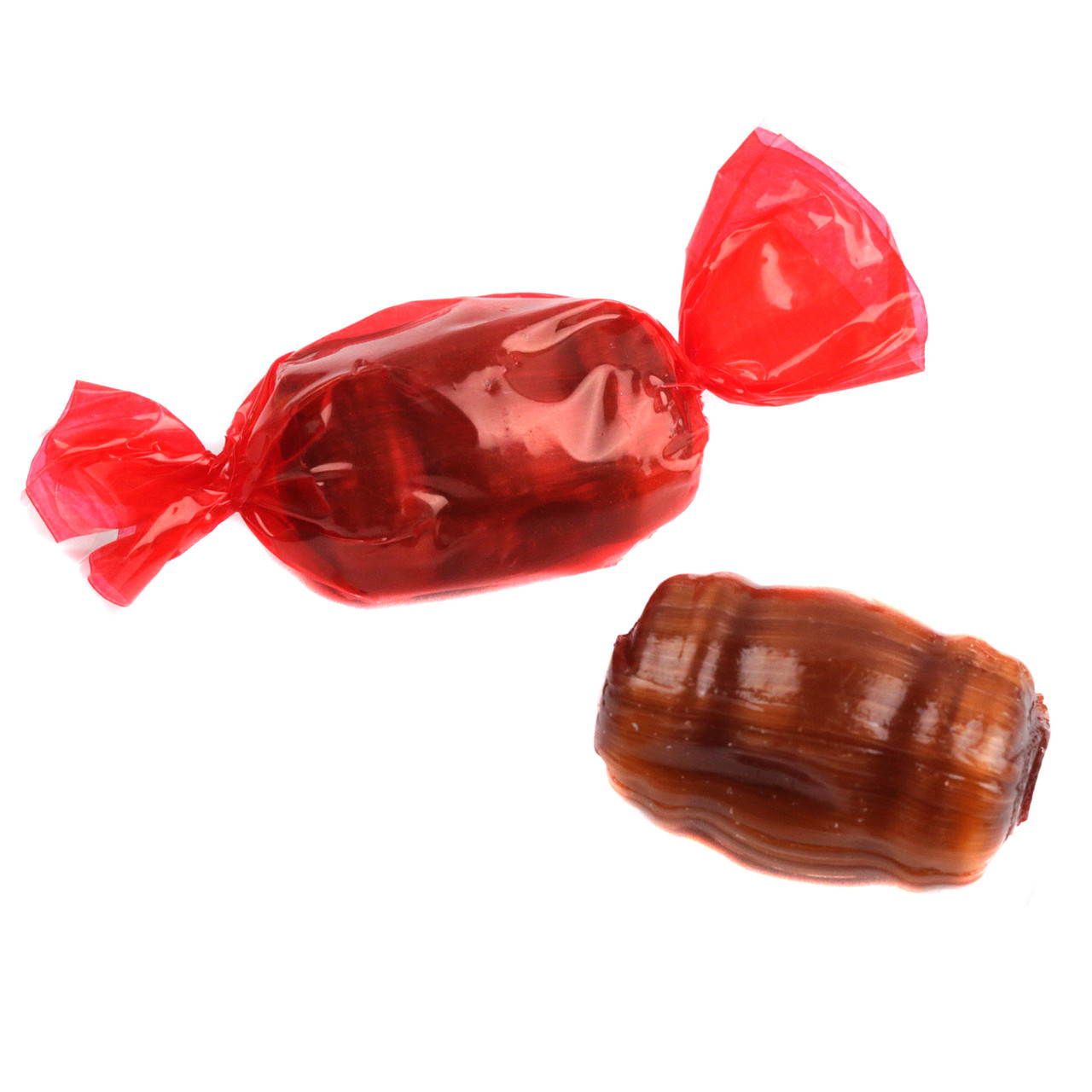 Individually wrapped brown Primrose Root Beer Barrel hard candies, approximately 60 per pound, shaped like barrels.