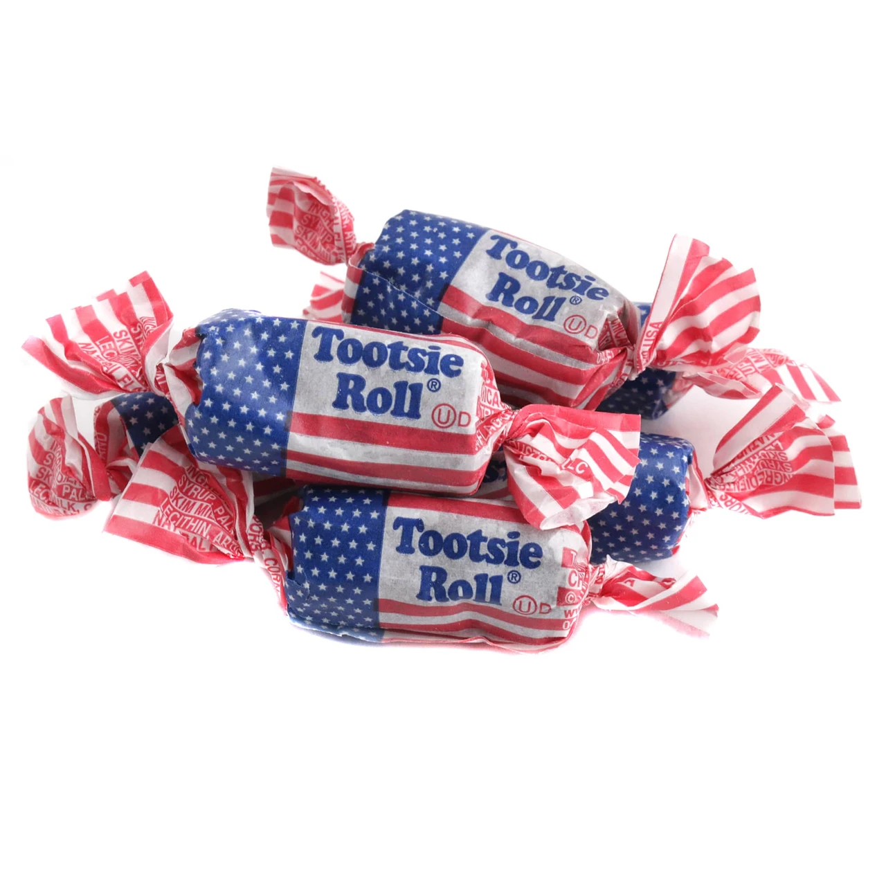 Flag Tootsie Rolls, chewy chocolate midgees, individually wrapped in red, white, blue USA flag wrappers, approx 70 per pound.