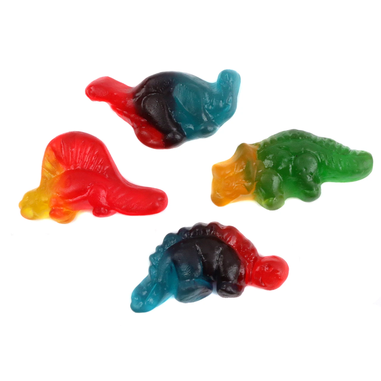 Colorful gummy dinosaurs in red, green, yellow. Brontosaurus, stegosaurus, triceratops shapes. Approx 70 pieces per pound.