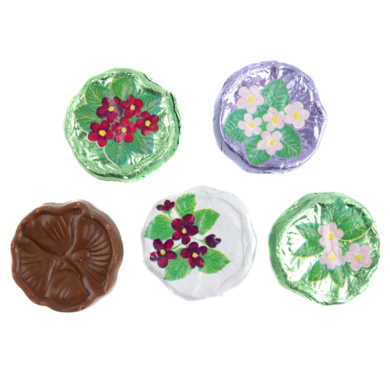 Violet Chocolate Flowers, pure milk chocolate, bright foil wrapped, violet design, pastel colored, approx. 55 per pound.