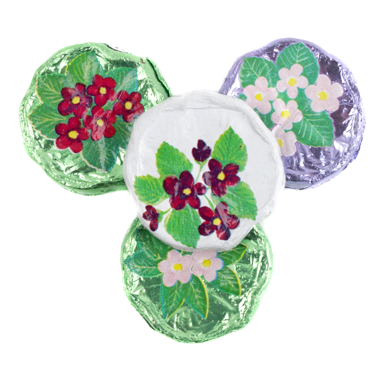Violet Chocolate Flowers, pure milk chocolate in bright foil with violet design, pastel colored, approx 55 per pound.