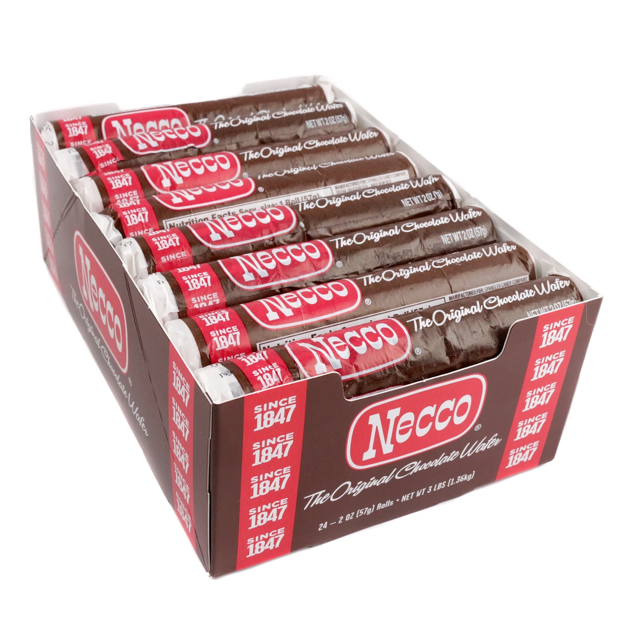 Necco Wafers Chocolate 24 pack. Thin round brown cocoa wafers, old-fashioned candy rolls.