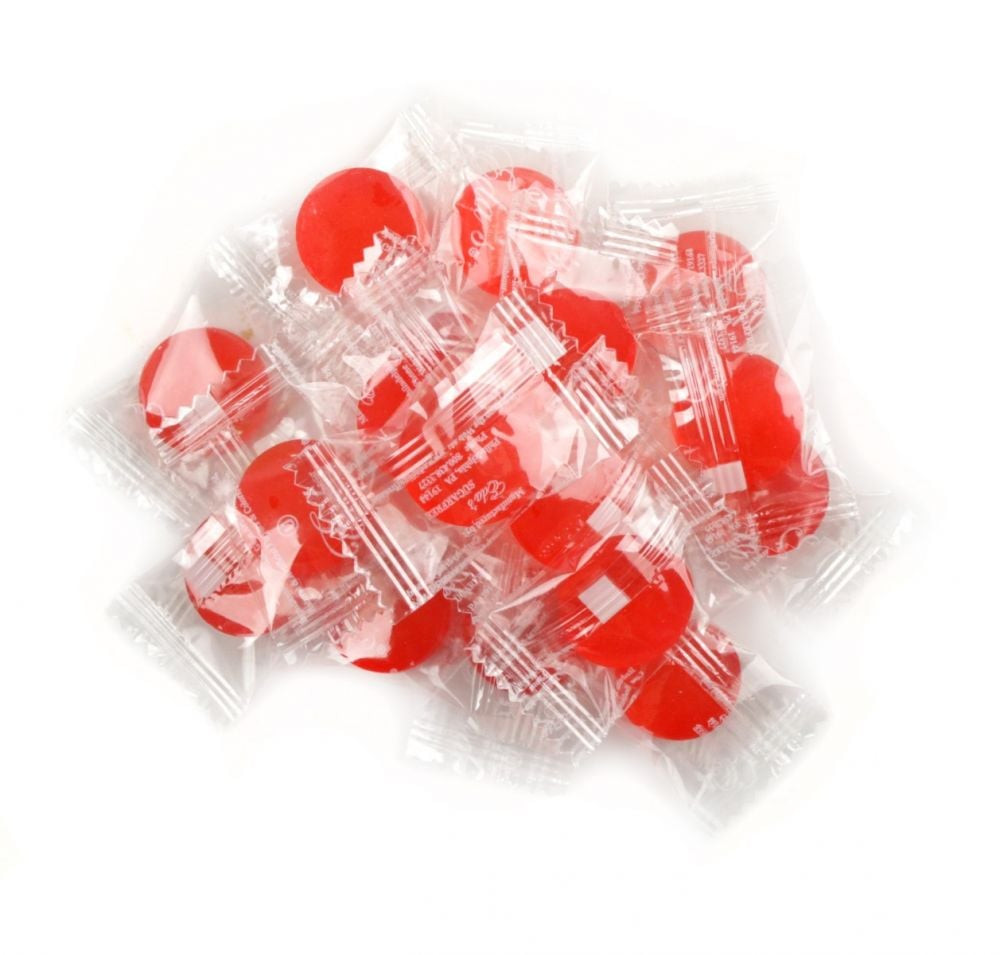 Eda's Watermelon Sugar Free Candy, vibrant red, hard candy pieces. Approx 80 per pound, refreshing flavor.