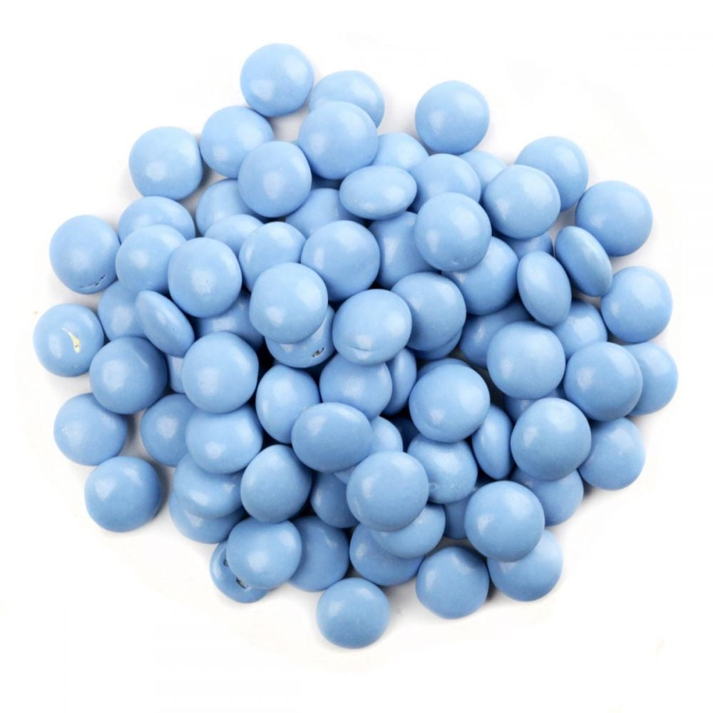 Light blue milk chocolate gems, crunchy candy shell, ideal for baby showers. Approx 400 per pound.