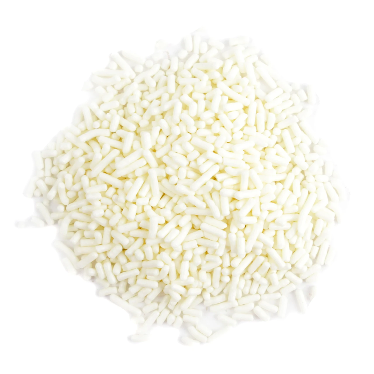 Tasty white sprinkles, ideal dessert toppings for cupcakes, ice cream, and doughnuts. Versatile baking candy.