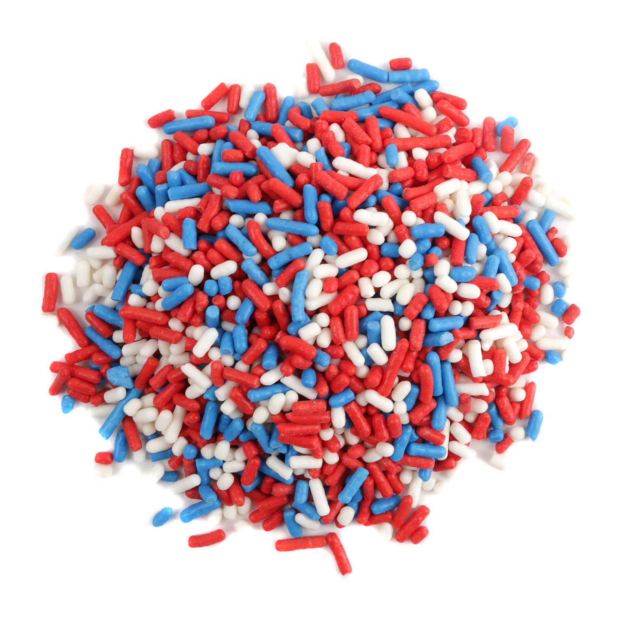 Bright red, white, and blue patriotic sprinkles, perfect for 4th of July cakes, cookies, and dessert decoration.