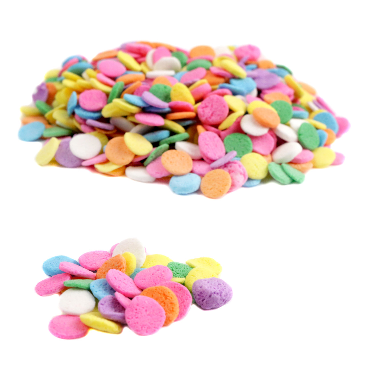 Large pastel confetti sprinkles, pink, orange, yellow, green, blue, purple, white. Baking candy, dessert toppings.