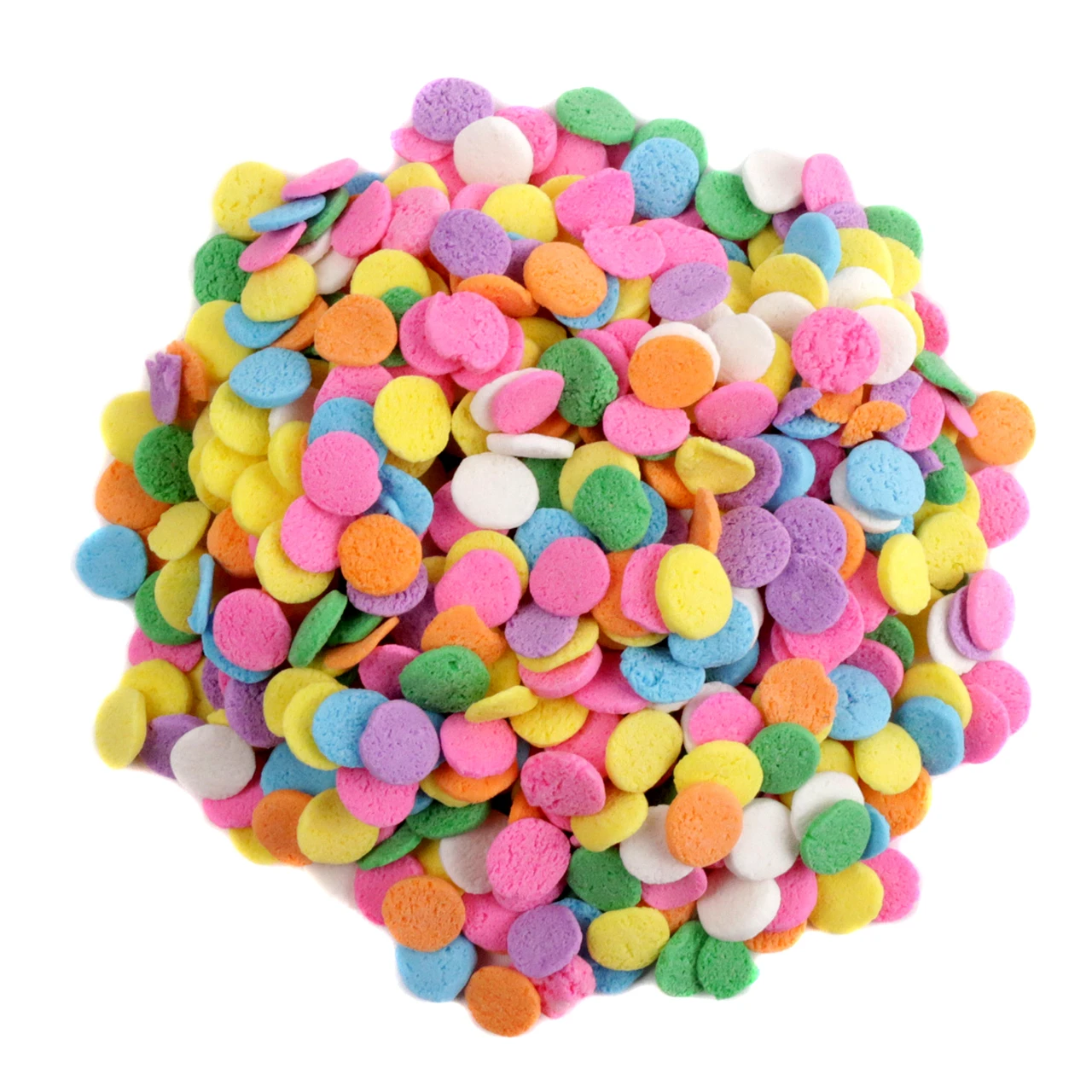 Large pastel confetti sprinkles mix, pink, orange, yellow, green, blue, purple, white for cakes, cookies, cupcakes.
