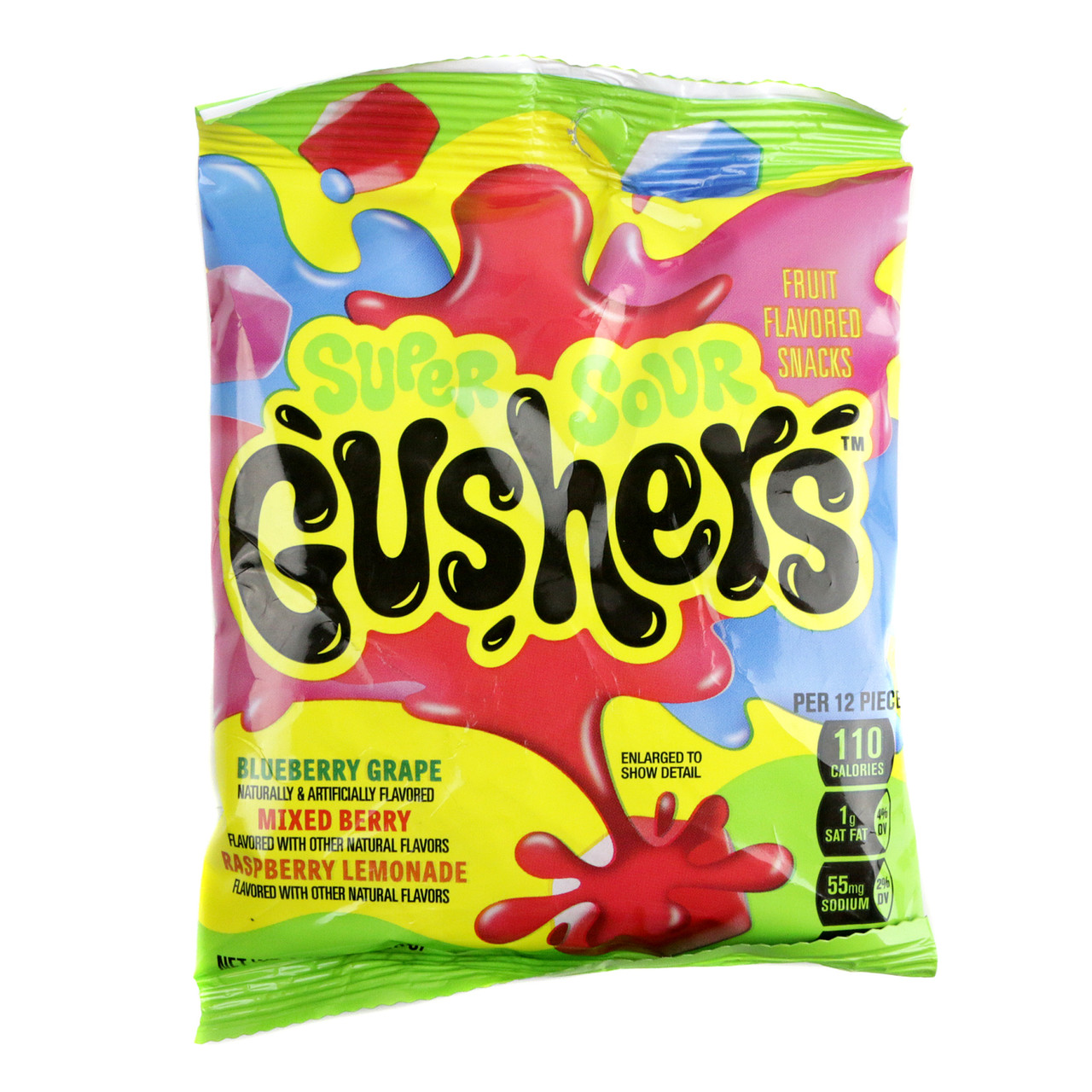 Gushers Super Sour Berry 4.25oz bag, chewy rainbow fruit snacks, juicy liquid center, mixed berry flavors.
