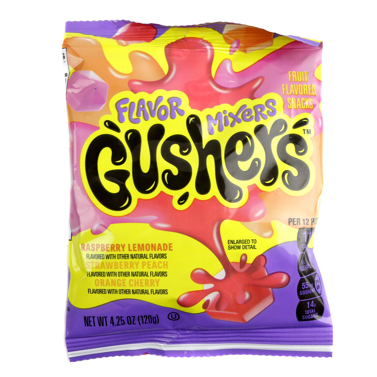 Gushers Flavor Mixers 4.25oz bag, colorful chewy fruit snacks with juicy centers, strawberry peach, orange cherry, raspberry lemonade.