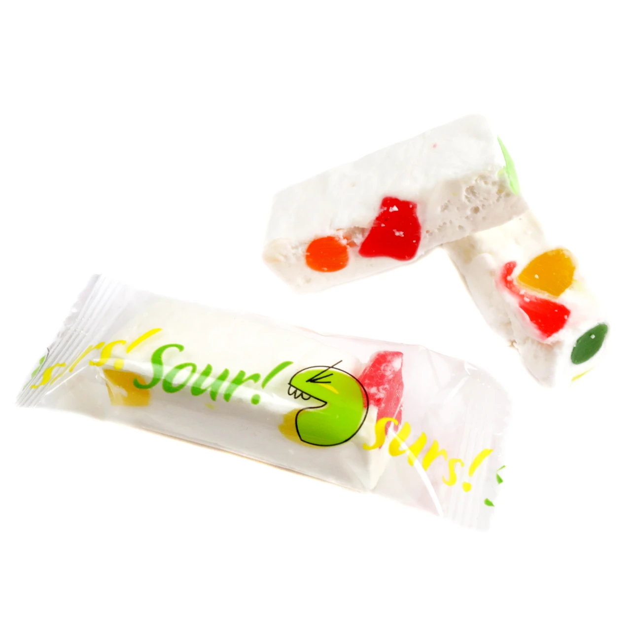 Sour Juju Nougat Candy, soft chewy white nougat with tangy fruity jujube bits, approx. 45 pieces per pound.