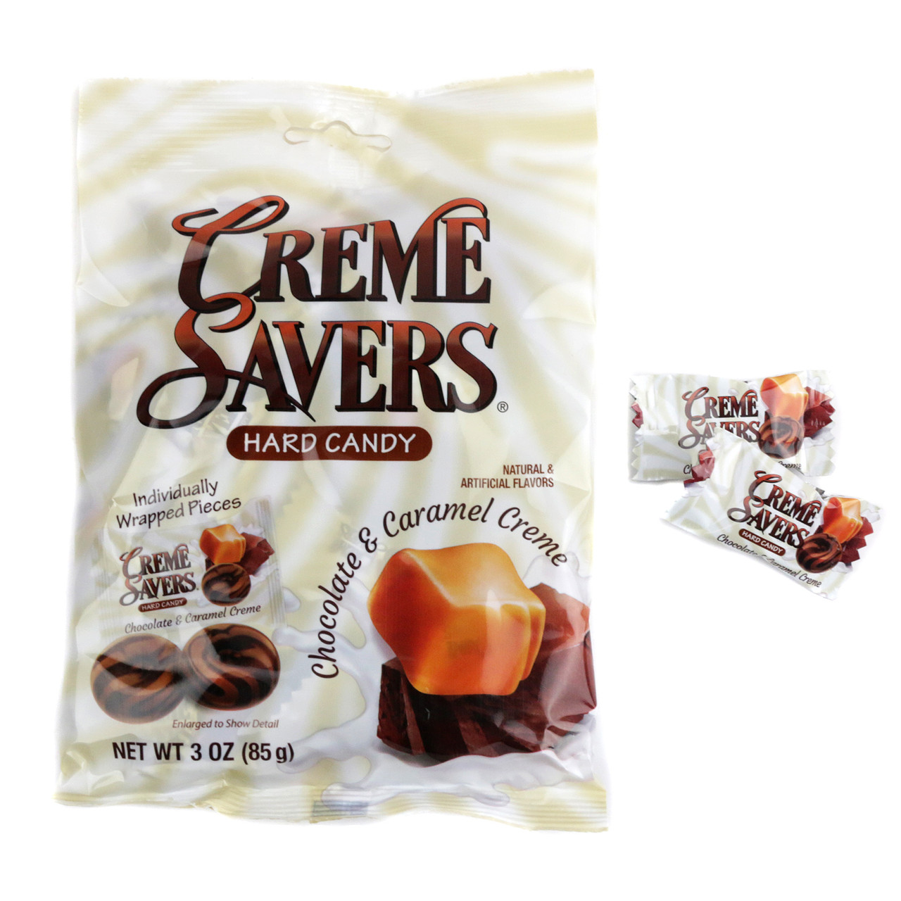 Creme Savers Hard Candy, 3oz bag. Approx 21 swirled brown chocolate and caramel creme hard candies.