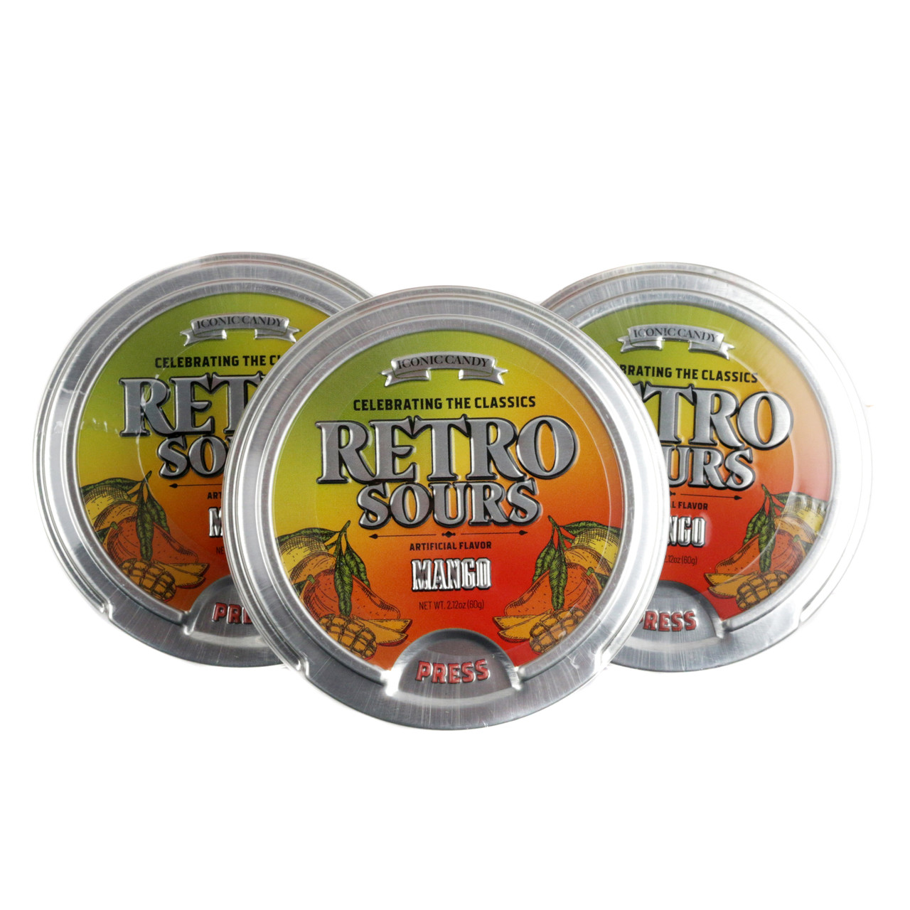 Eight pack Iconic Retro Sours Mango hard candies. Bright yellow-orange tropical sour mango candy in retro-themed tins.