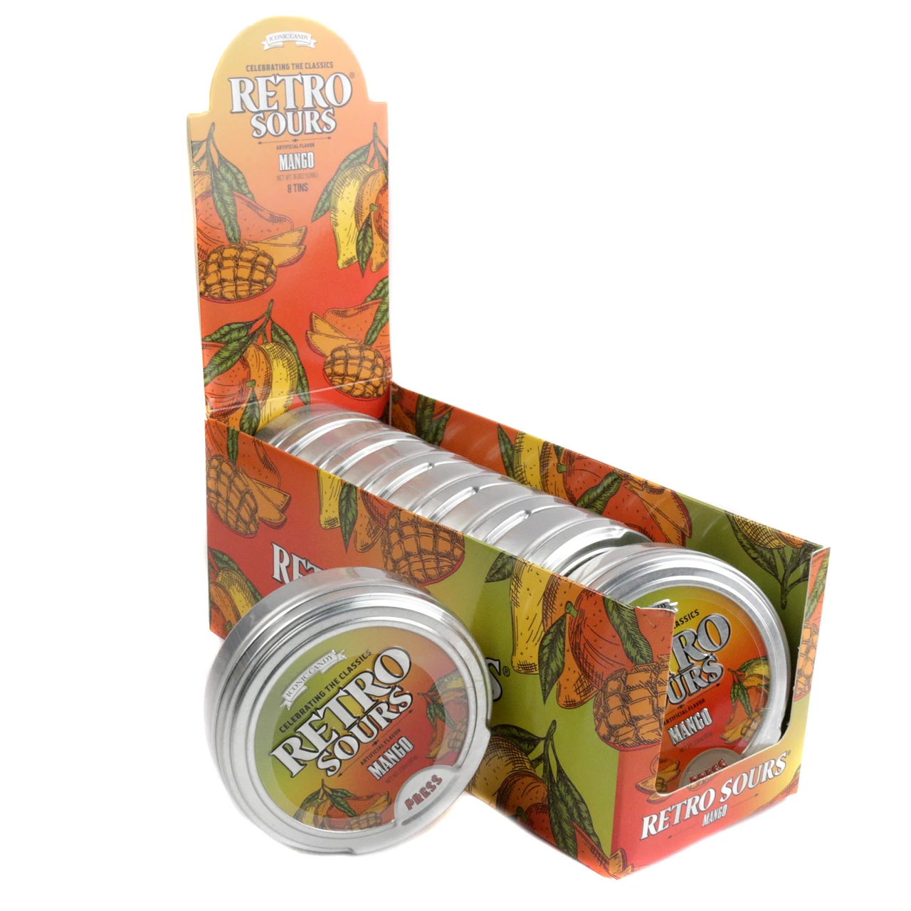 Iconic Retro Sours Mango 8-pack. Vibrant yellow hard candies, tangy tropical mango sour flavor in 8 tins.