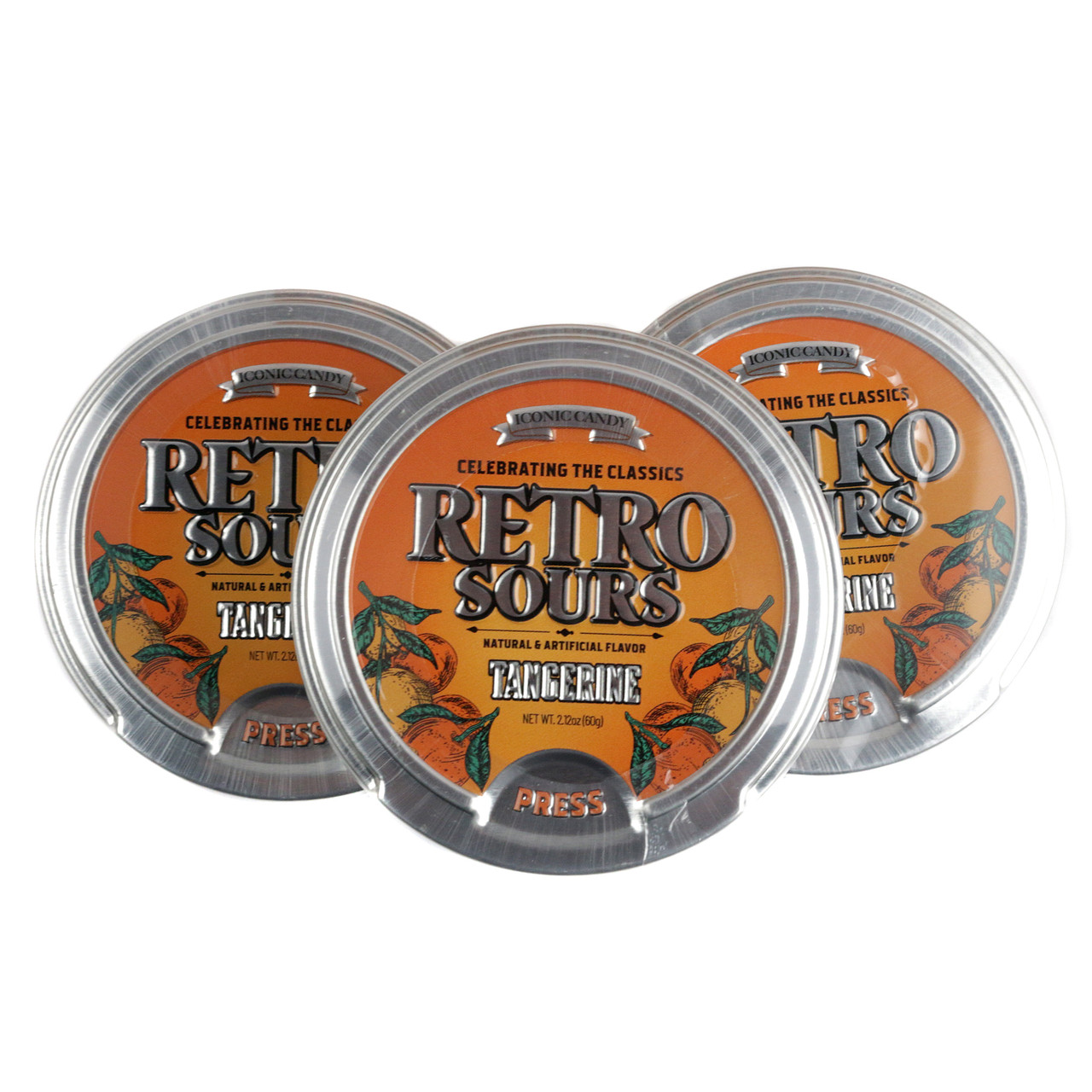 Iconic Retro Sours Tangerine 8-pack. Eight orange tins of zesty, puckering sour citrus hard candy.