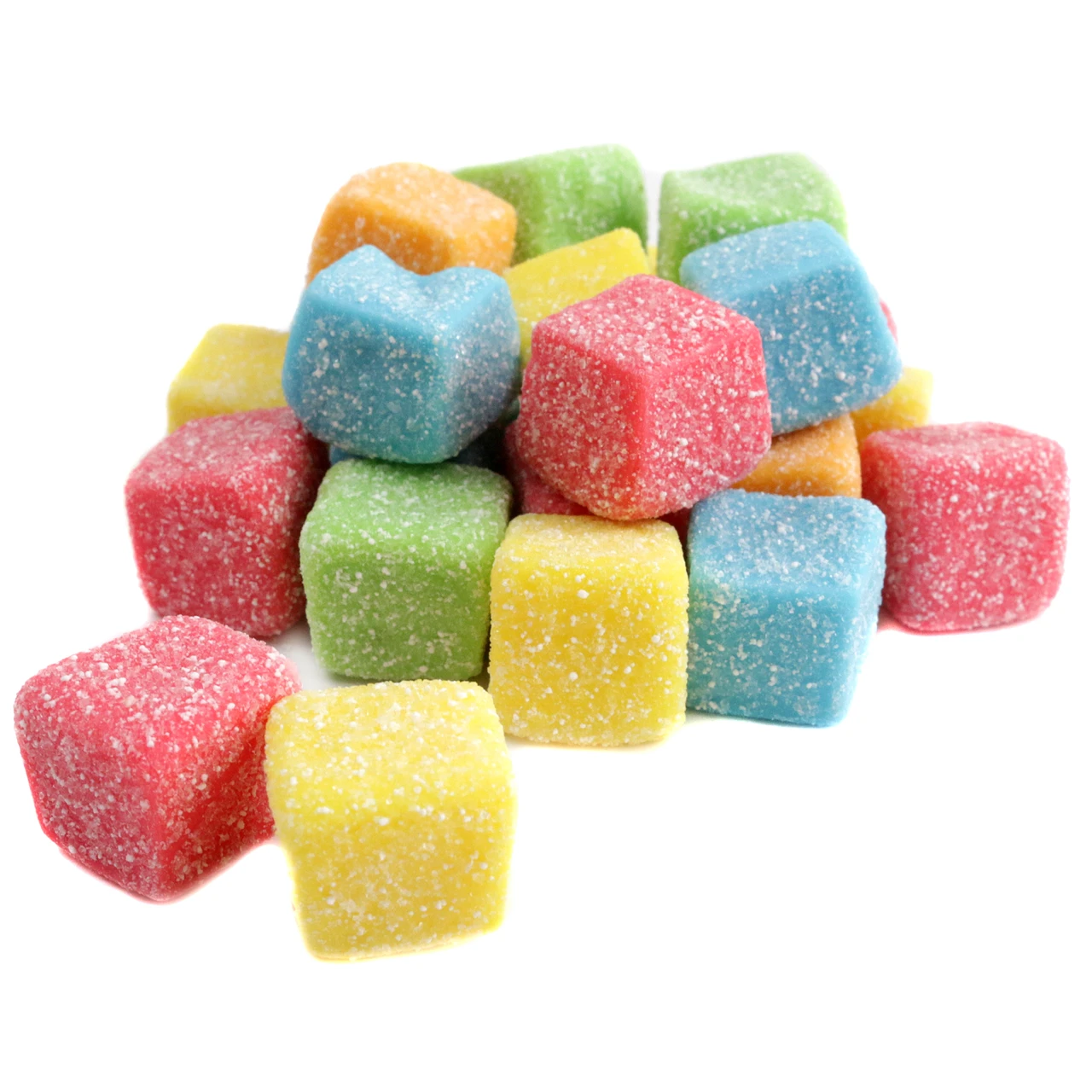 Sour Gummy Cubes. Colorful, vibrant mix of red, green, orange, blue, yellow gummy cubes coated in tangy sour sugar.