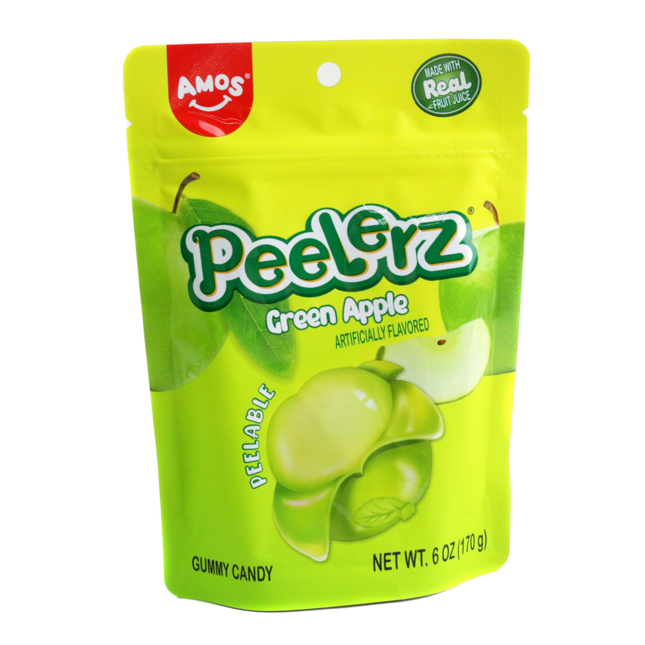 Peelerz Green Apple novelty gummy candy, 6oz bag with approx 30 soft chewy green peelable pieces.