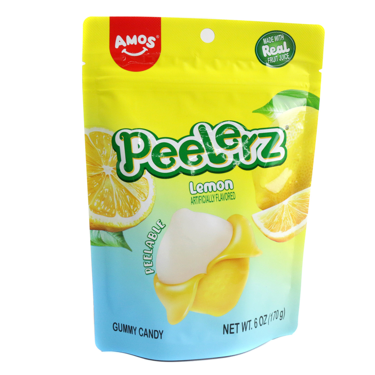 Bright green Peelerz Lemon Candy, 6oz bag with approx. 36 soft, chewy, peelable gummy pieces. Zesty sweet-sour taste.