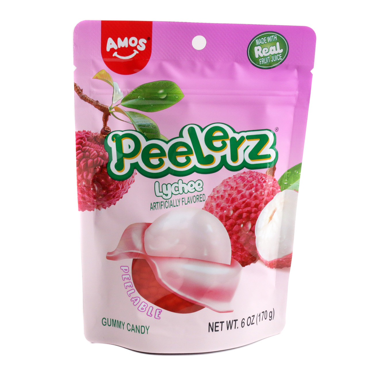 Peelerz Lychee pink peelable gummy candy, approx. 36 pieces, 6oz bag. Tropical floral novelty candy.
