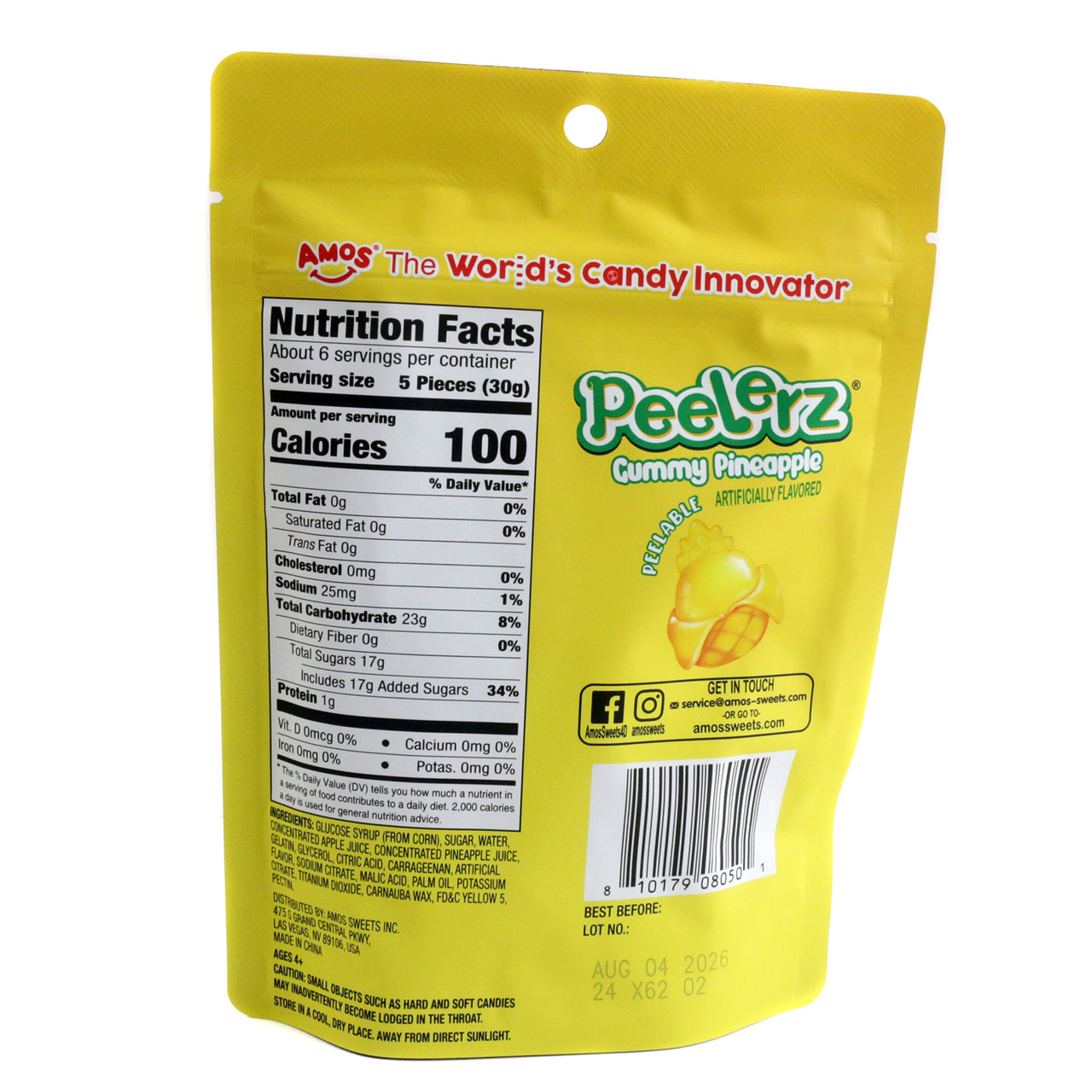 Peelerz Pineapple Candy, 6oz bag with approx. 30 vibrant yellow, peelable gummy candies. Chewy and tropical.