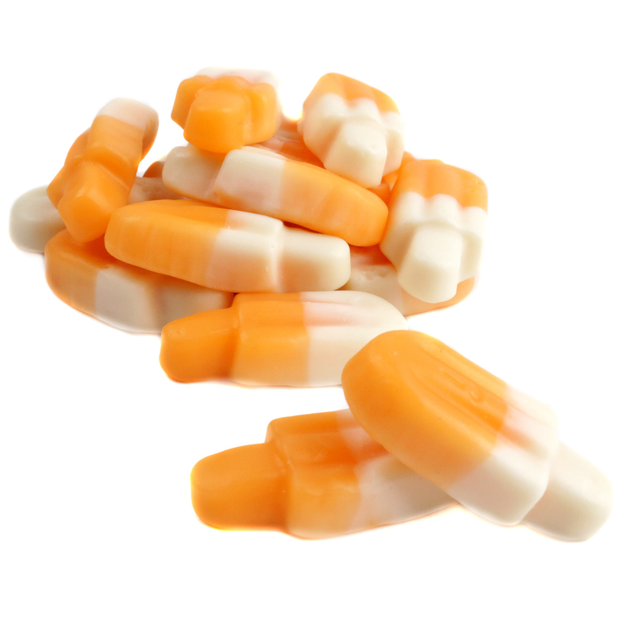 Soft, chewy gummy orange and white two-tone popsicles, classic orange cream vanilla flavored candy.