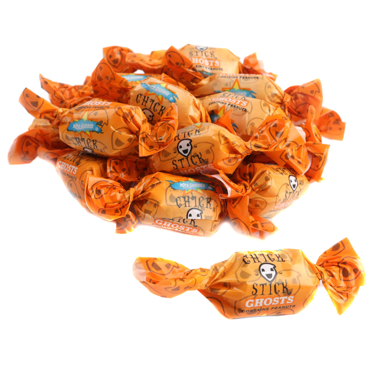 Atkinson Chick O Stick Ghosts, spooky orange peanut butter coconut candies, individually wrapped for Halloween.