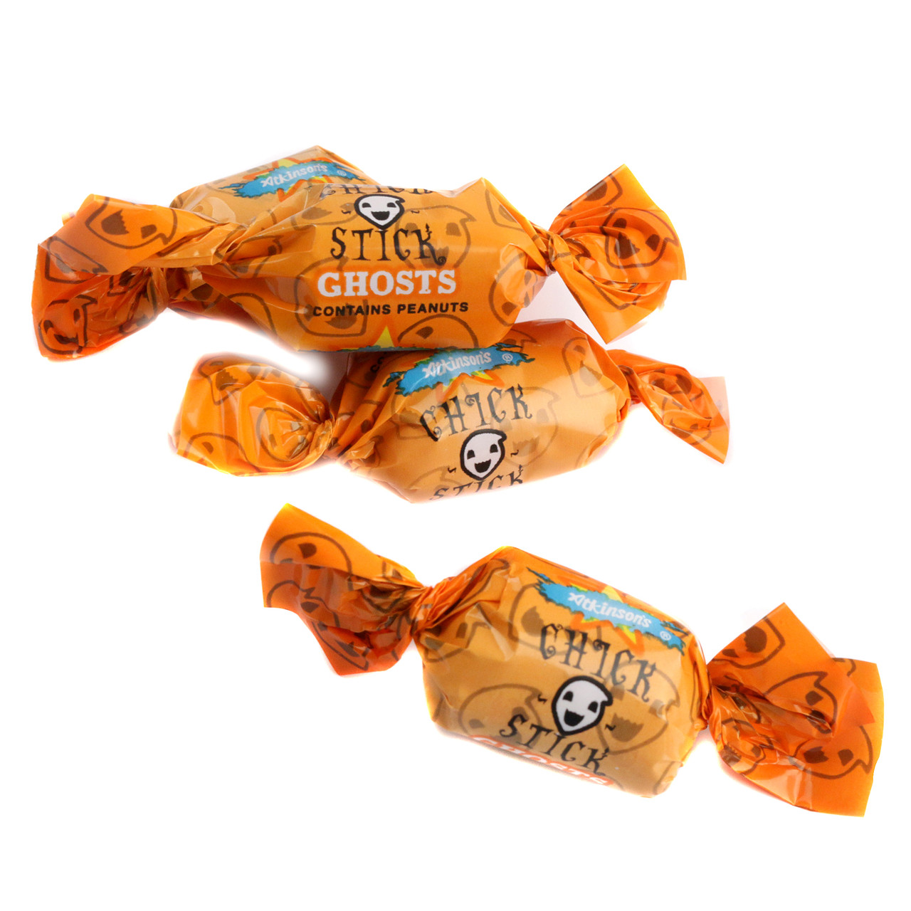 Atkinson Chick O Stick Ghosts, orange ghost-shaped crunchy peanut butter & toasted coconut candies, individually wrapped for Halloween.
