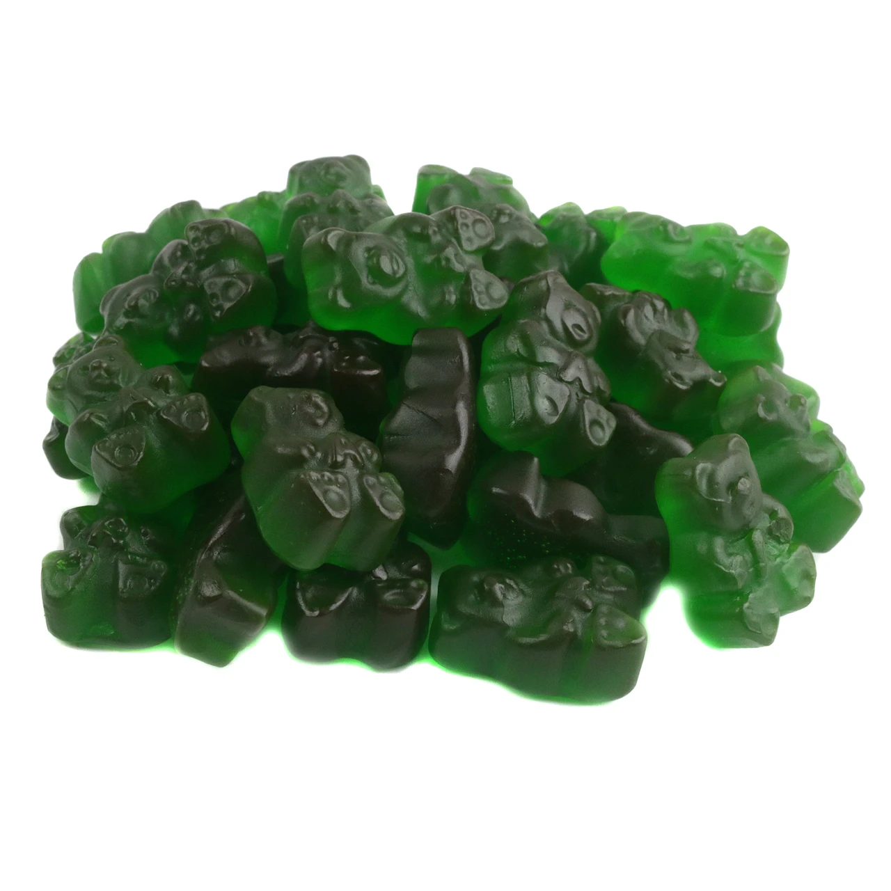 Green, chewy Apple Crisp Gummy Bears. Sweet apple & warm cinnamon flavor, approx. 145 per pound, 3/4 inch long.
