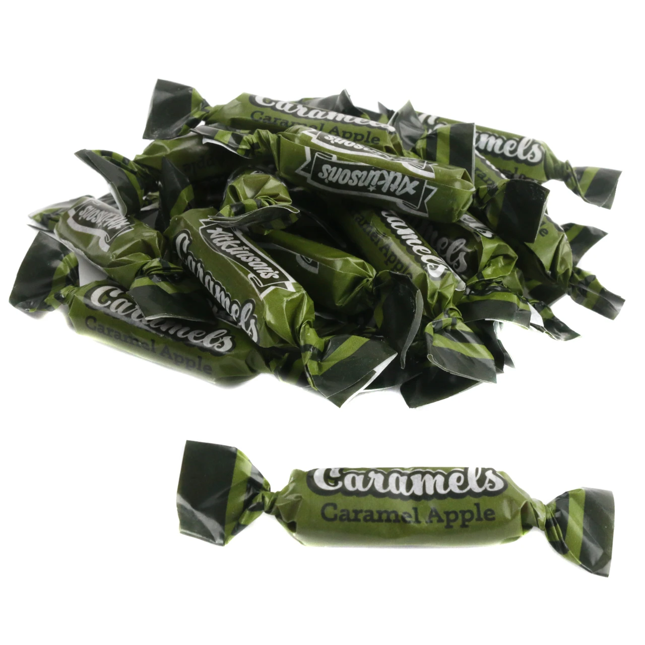 Atkinson Caramel Apple Caramels, individually wrapped chewy green and brown candies.