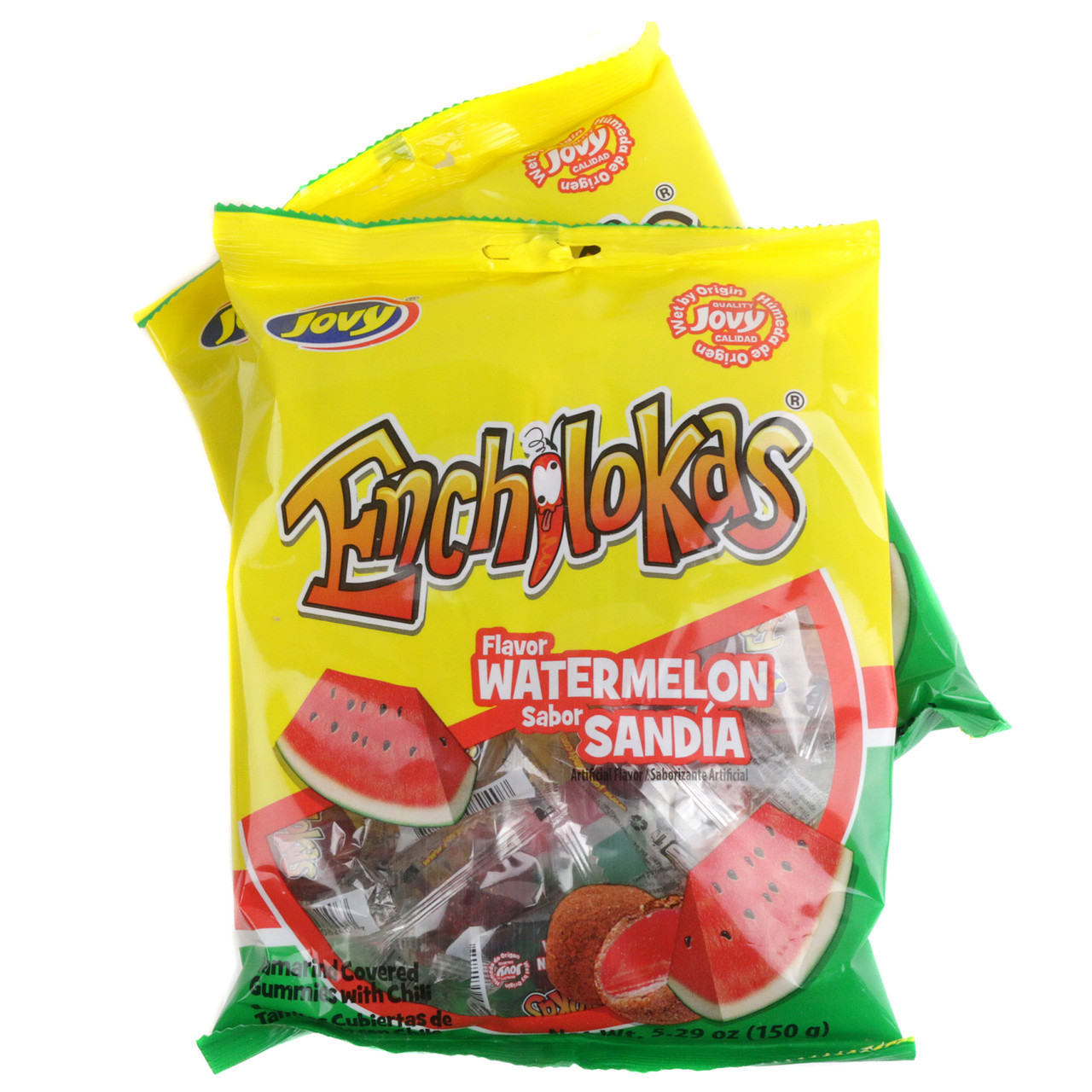 Jovy Watermelon Enchilokas, 5.29oz bag, red spicy watermelon gummy Mexican candy, 10 individually wrapped pieces.