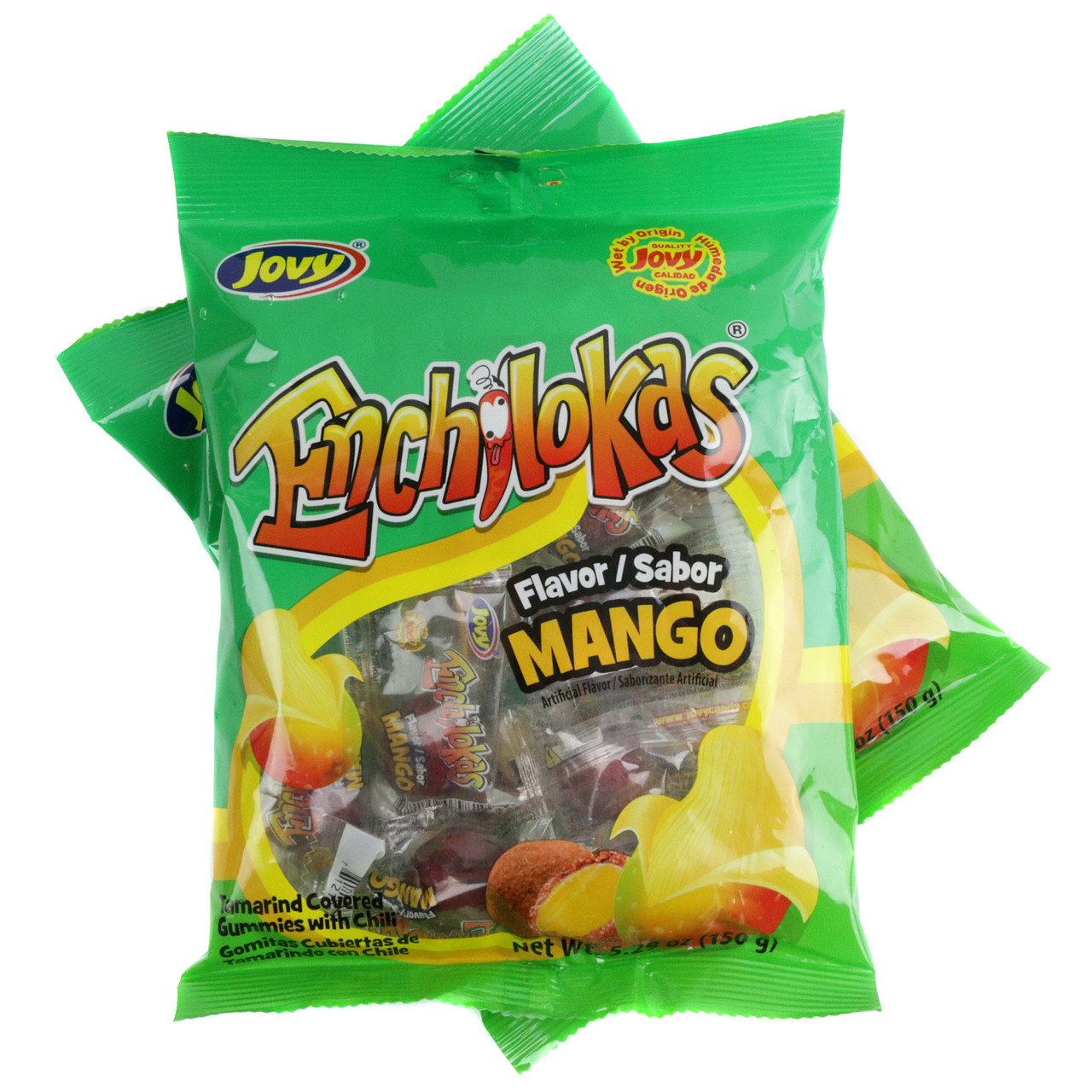 Jovy Mango Enchilokas, 5.29oz bag of orange, chewy, spicy mango gummies coated in tamarind chili, 10 wrapped pieces.