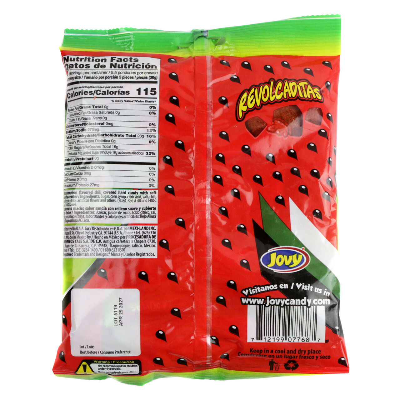 Jovy Watermelon Revolcaditas, 6oz bag, approx 30 red Mexican hard candies with chili coating, chewy centers.