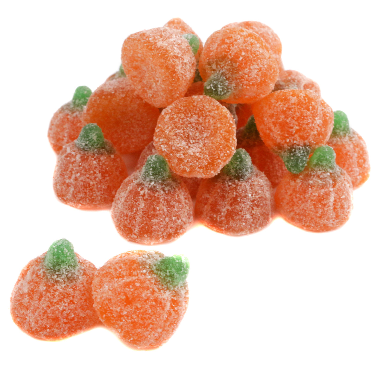 Jelly Belly sour orange gummy pumpkins, coated in tangy sour sanding. Chewy fall Halloween candy.