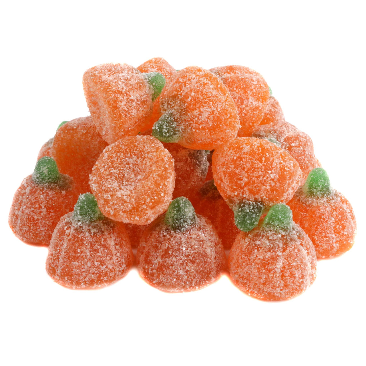 Jelly Belly orange sour gummy pumpkins, coated in tangy sour sanding. Soft, chewy Halloween, fall candy.